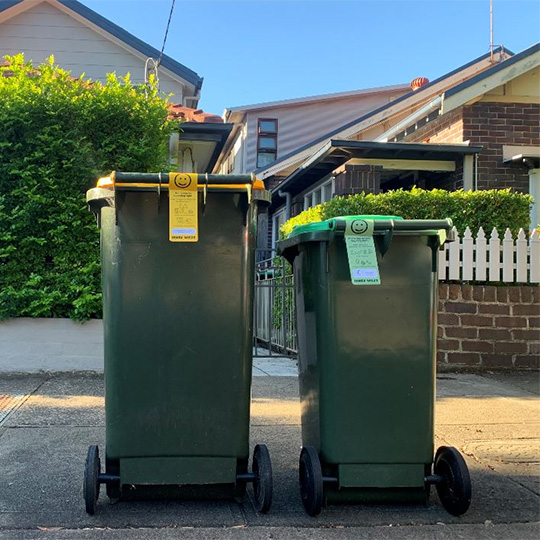 A yellow-lidded bin and green-lidded bin on a kerbside footpath.